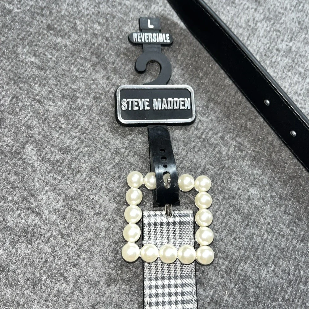 Steve Madden Women's Plaid & Imitation‎ Pearl Belt White Large NWT! $38